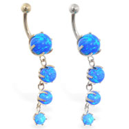 14K Gold belly ring with quadruple blue opal dangle