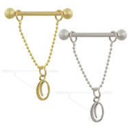 14K Gold nipple ring with dangling cursive initial O
