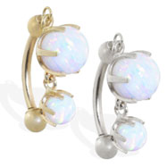 14K Gold reversed belly ring with double White opal dangle