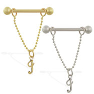 14K Gold nipple ring with dangling cursive initial I