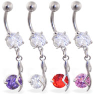 Navel ring with dangling colored solitaire gem