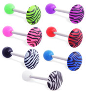 Straight barbell with colored ball and colored tiger print circle top, 14 ga