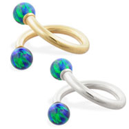 14K Gold twister barbell with Blue Green opal balls , 14ga
