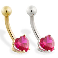 14K Gold belly ring with ruby red 6mm CZ heart