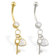 14K Gold belly ring with dangling CZ jeweled heart and key