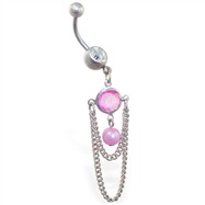 Belly ring with dangling pink jeweled and pearl with chains