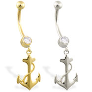14K Gold belly ring with dangling anchor