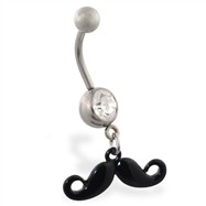 Jeweled belly ring with Dangling Black Curly Mustache