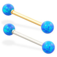 14K Gold straight barbell with Blue opal balls