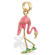 14K Yellow Gold Enameled Flamingo Pendant