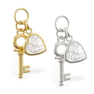 14K Yellow Gold CZ jeweled heart and key pendant