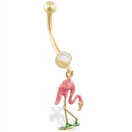 14K Yellow Gold belly ring with dangling enameled flamingo