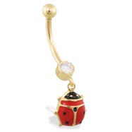 14K Yellow Gold belly ring with dangling enameled ladybug