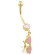 14K Yellow Gold belly ring with dangling pink enameled glasses