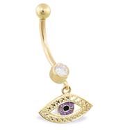 14K Yellow Gold belly ring with dangling eyeball luck charm