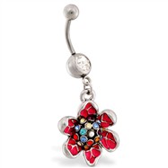 Navel ring with dangling multi-jeweled flower
