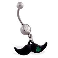 Jeweled belly ring with Dangling Black Mustache with Clover