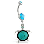 Navel ring with dangling turquoise stone turtle