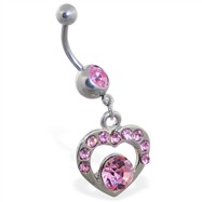 Belly ring with dangling pink jeweled heart with gem