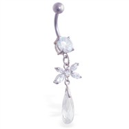Navel ring with dangling jeweled flower and crystal