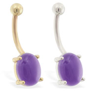 14K Gold belly ring with natural amethyst cabochon stone