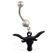 Belly ring with dangling black coated bull