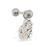 Steel cartilage barbell with jeweled "LOVE" heart dangling charm