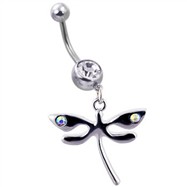 Navel ring with dangling steel dragonfly with ab gems