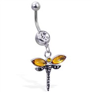 Navel ring with dangling yellow dragonfly