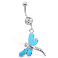 Belly ring with dangling light blue dragonfly