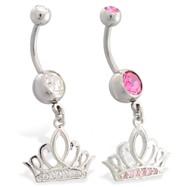 Navel ring with dangling jeweled tiara crown