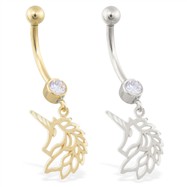 14K Yellow Gold belly ring with dangling unicorn