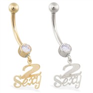 14K Gold belly ring with dangling "2 Sexy" charm