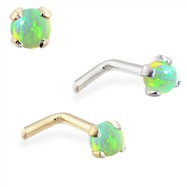 14K Gold L-shaped Nose Pin with 2mm Round Green Opal