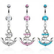 Jeweled belly ring with dangling jeweled anchor