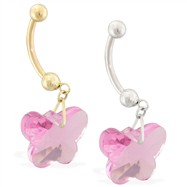 14K Gold Belly Ring with Dangling Pink Swarovski Crystal Butterfly