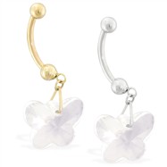 14K Gold Belly Ring with Dangling Clear Swarovski Crystal Butterfly
