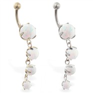 14K Gold belly ring with quadruple white opal dangle