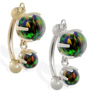 14K Gold reversed belly ring with double Rainbow opal dangle