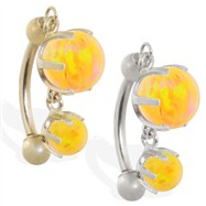 14K Gold reversed belly ring with double Yellow opal dangle