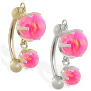 14K Gold reversed belly ring with double Pink opal dangle