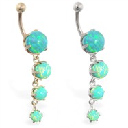 14K Gold belly ring with quadruple green opal dangle