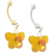 14K Gold Belly Ring with Dangling Yellow AB Swarovski Crystal Butterfly