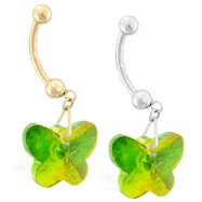 14K Gold Belly Ring with Dangling Green AB Swarovski Crystal Butterfly