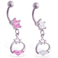 Jeweled star belly ring with dangling star circle with gem