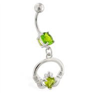 Belly ring with dangling jeweled claddagh