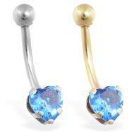 14K Gold belly ring with aquamarine 6mm CZ heart