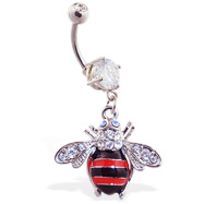 Navel ring with dangling jeweled bumble bee