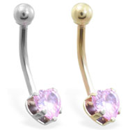 14K Gold belly ring with pink 6mm CZ heart