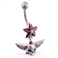 Nautica star belly ring with dangling skull and wings